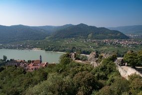 Distant view of the city of Dernstein on the Danube