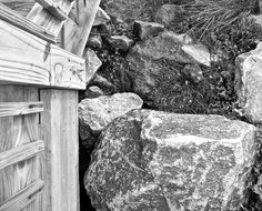 stones near the fence in black and white image