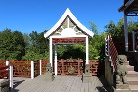 Beautiful white pagoda among the green trees on landscape