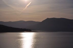 scenic mountais on coast of Lake Kastoria at Dusk, greece