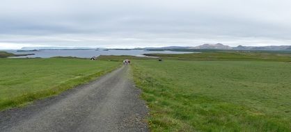 road through a green meadow in Iceland on a cloudy day