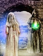 Light Girl meets skeleton, Fantasy, digital art