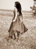 girl in a dress on meadow, black and white