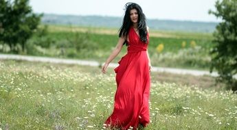 beautiful woman in long red dress