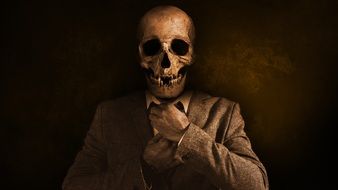 black and white photo of a skeleton in a business suit