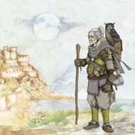 fantasy character with a bird on his shoulder
