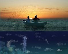 two fishermen on a boat in a mystical landscape