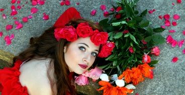 model with red roses wreath