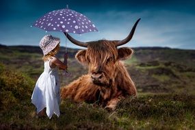 Child and Cow with Umbrella