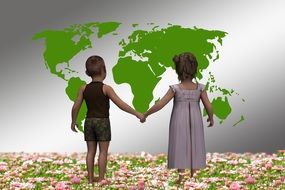 children holding hands look at the map of the world