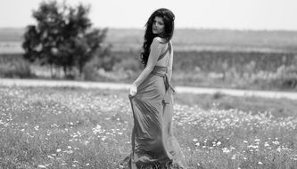 Girl Dress Plain Wind Beauty black and white photo