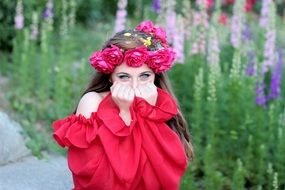 portrait of Girl in red Flowers Wreath