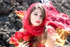 seductive green-eyed girl with red lips