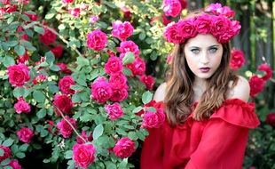 model in red dress posing on the rose bush background