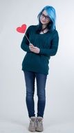 girl with blue hair and heart in her hands
