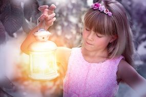 young girl with street lamp