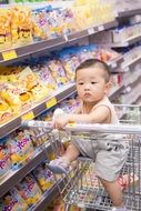 baby in a metal basket in the supermarket