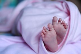feet of a newborn baby in a pink coverlet