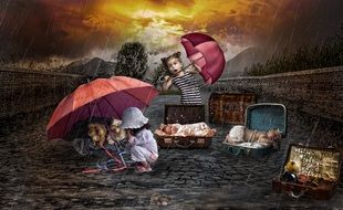 girls and dogs outdoor in stormy weather, collage