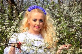 blonde with purple flowers wreath