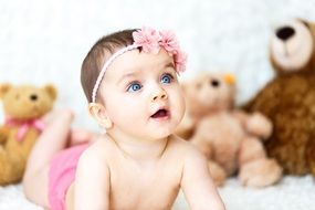 cute Baby Girl in front of Teddy Bears