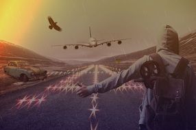 the man on the runway gives directions to the passenger plane
