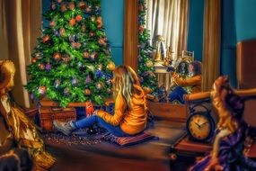 little girl near the christmas tree in the living room