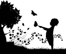 Black baby and butterfly silhouette drawing at white background