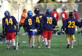 Lacrosse Players in uniform on field, back view