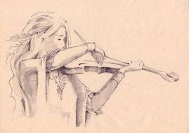 young beautiful girl playing violin, drawing