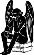 graphic image of a black angel on books