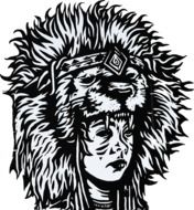 black and white drawing of a boy in a animal head like headdress