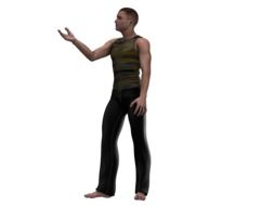 man stands with his hand raised on white background