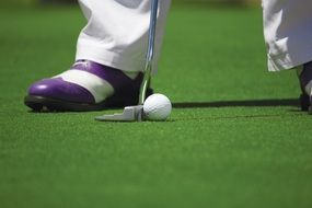 golf player, male Person feet, ball and club on lawn