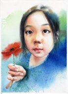 watercolor portrait of a girl with red poppy