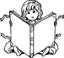 black and white graphic image of a little girl with a book