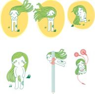 Girls with long green hair, set of Abstract Characters