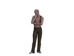 pensive man in slacks and bare-chested at white background