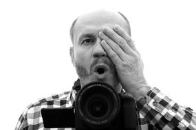 black and white photo of a surprised photographer