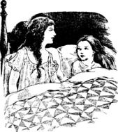 black and white drawing of children on the bed