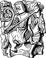 black and white graphic image of a knight in armor