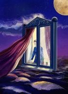 woman looking out of a window, fantasy, drawing