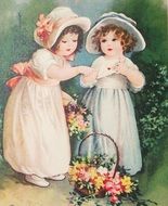 two Child Girls in victorian dreses with flowers, Vintage illustration