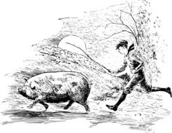 black and white graphic image of a shepherd with a boar