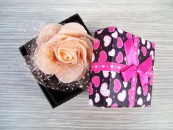 Colorful gift box with a rose inside