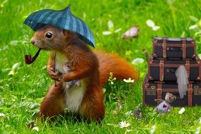 Squirrel under umbrella on lawn, collage
