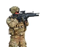 american soldier with guns on a white background