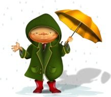 cartoon man in green coat and yellow umbrella