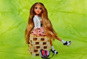 doll with long light brown hair on a green background