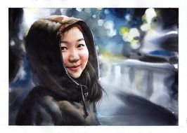 watercolor portrait of an asian woman in a jacket
